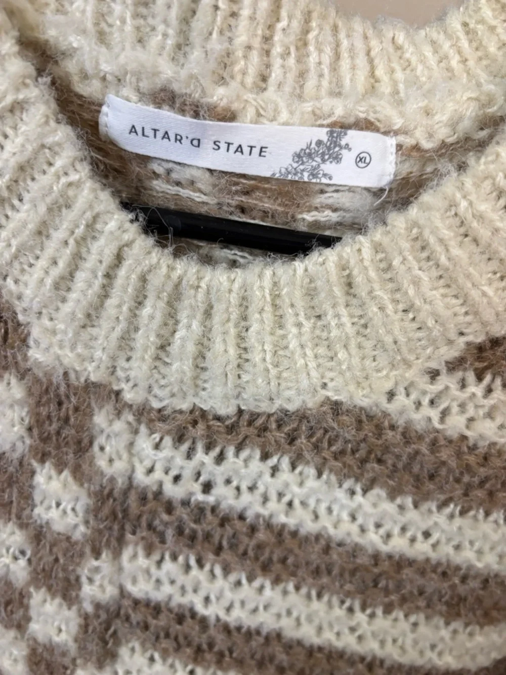 Altar'd State Cream and Taupe Checkerboard & Stripe Crew Sweater - Picture 3 of 6